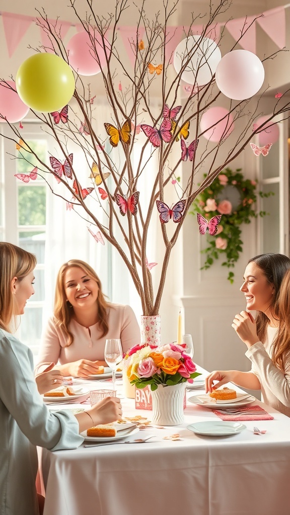 A beautifully decorated table at a baby shower featuring a Butterfly Wishes Tree with colorful butterflies and guests enjoying the celebration.
