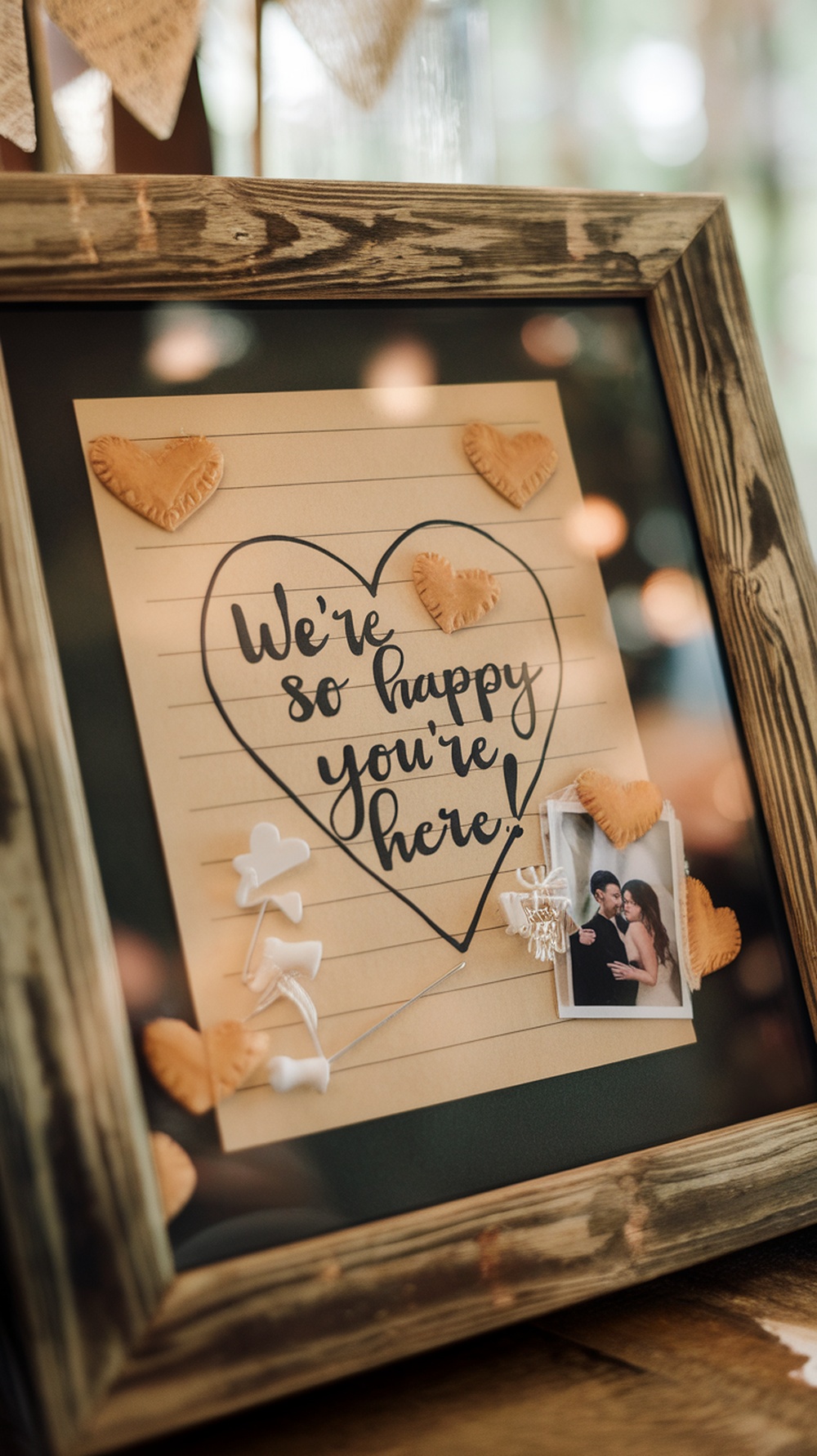 A wedding shadow box with a message and decorative elements, perfect for guest signatures.