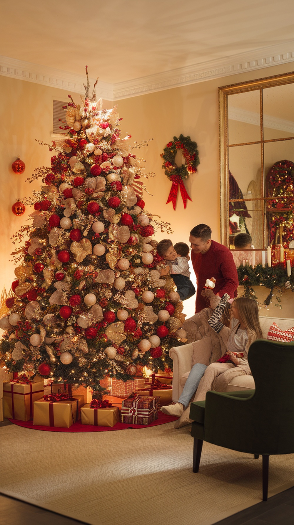 A beautifully decorated red and gold Christmas tree with a family enjoying time together in a cozy living room.