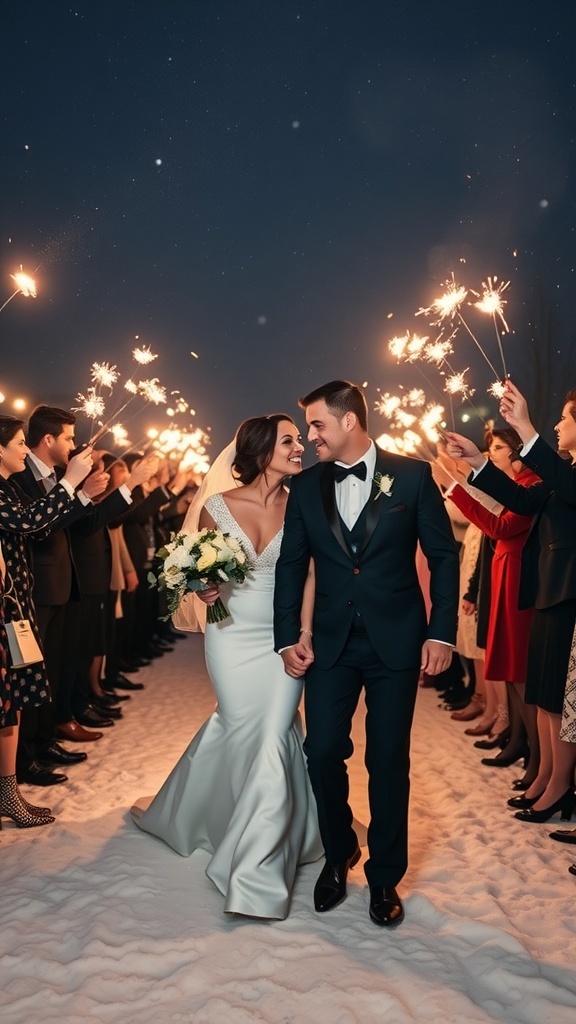 A couple walking through a sparkler send-off at their winter wedding, surrounded by guests holding sparklers in the snow.