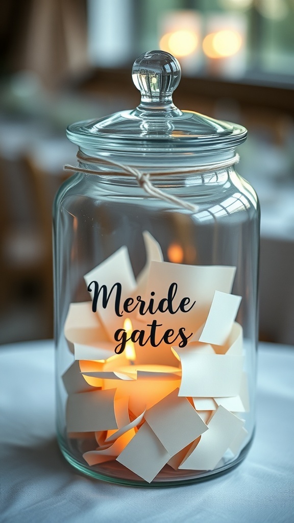 Memory jar for the bride filled with notes and glowing warmly