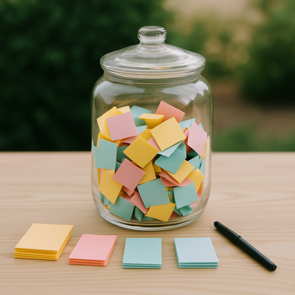 A glass jar filled with colorful sticky notes on a wooden table, with a pen beside it.