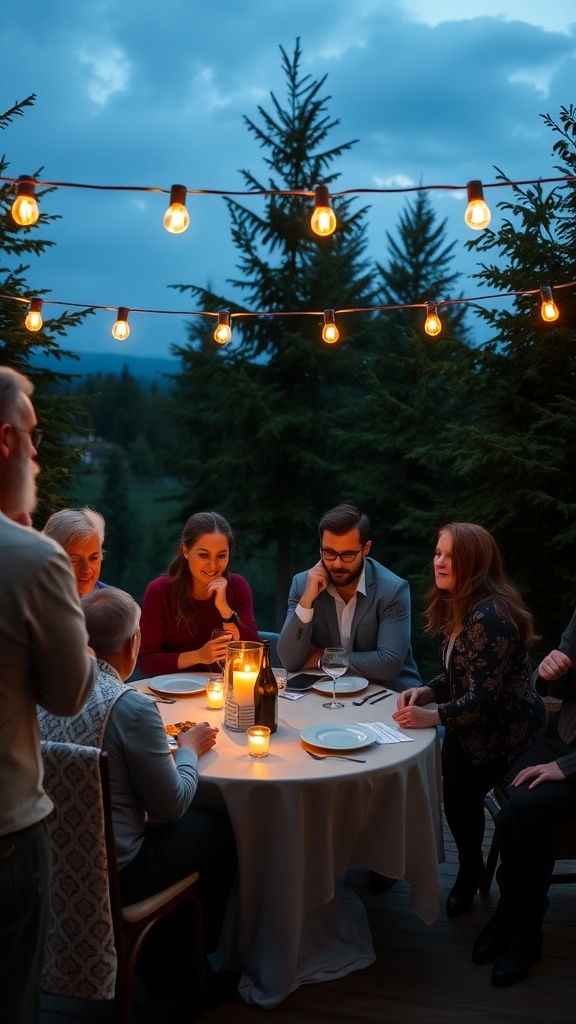 Group of friends enjoying a Couple's Trivia game at a bridal shower, illuminated by string lights.