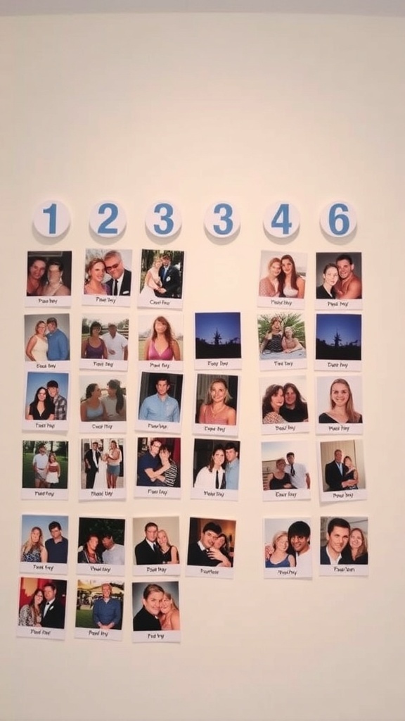 A wall displaying photos for a bridal shower game labeled with numbers for guests to guess the year.