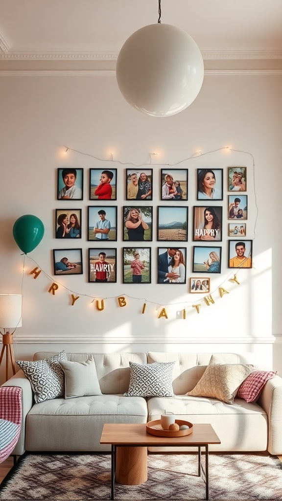 A cozy living room with a photo wall displaying framed pictures, string lights, and a birthday banner.