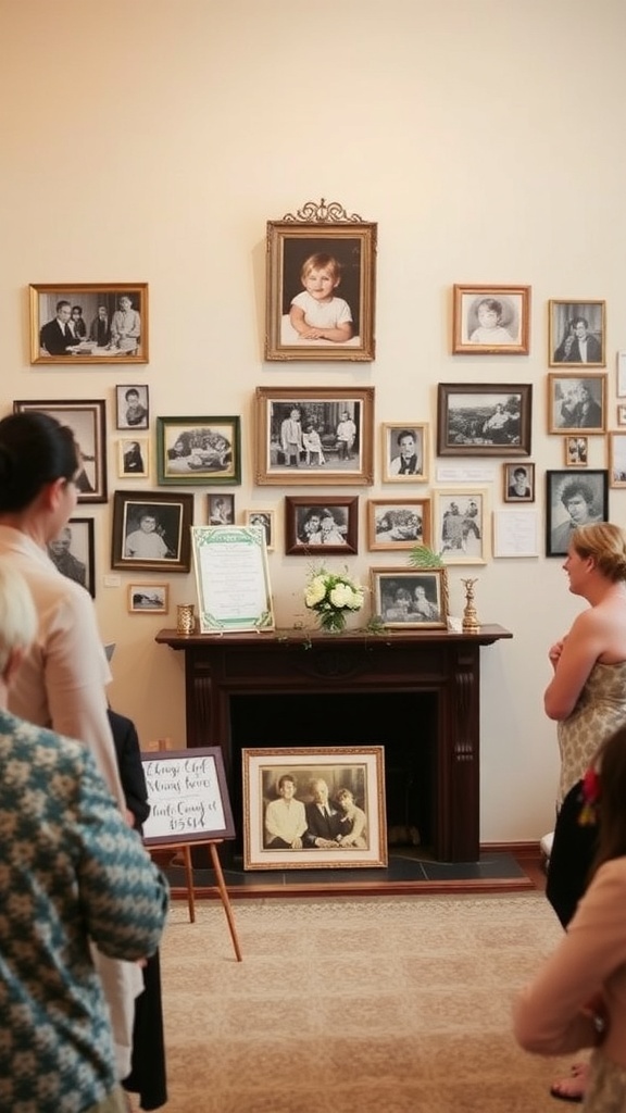 A wall displaying various family photographs, showcasing memories with guests observing.