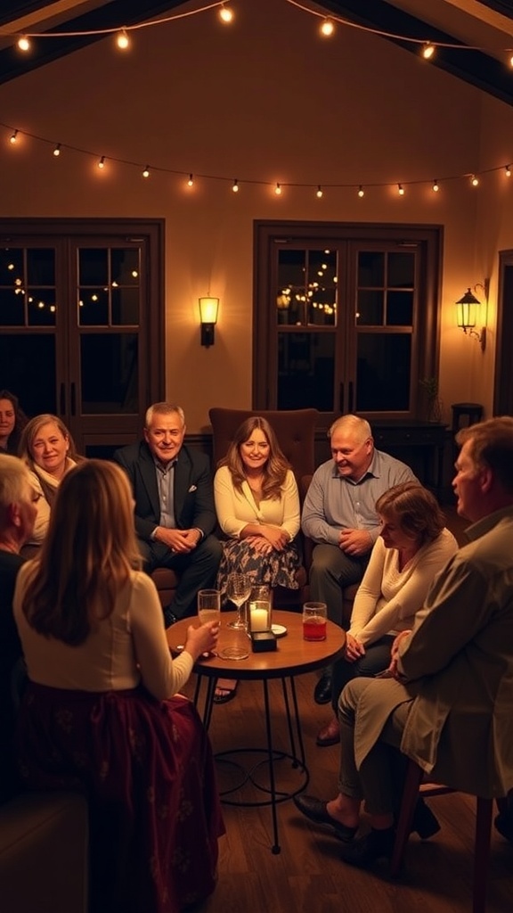 A group of people sitting in a circle at a wedding reception, sharing memories and stories.