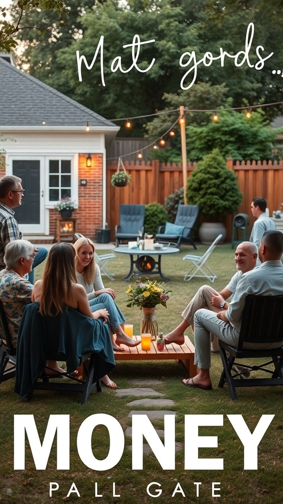 A cozy backyard setting with guests engaged in a sharing circle around a table.