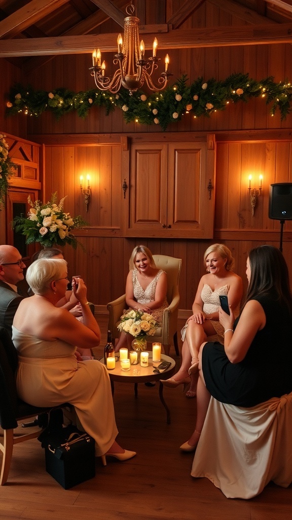 Group of women sitting in a cozy setting, engaged in a memory sharing circle at a bridal shower.