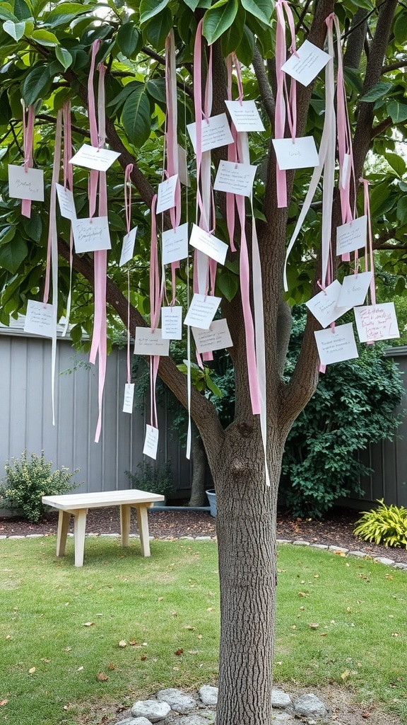 A tree decorated with ribbons and cards for a memory sharing activity at a bridal shower.