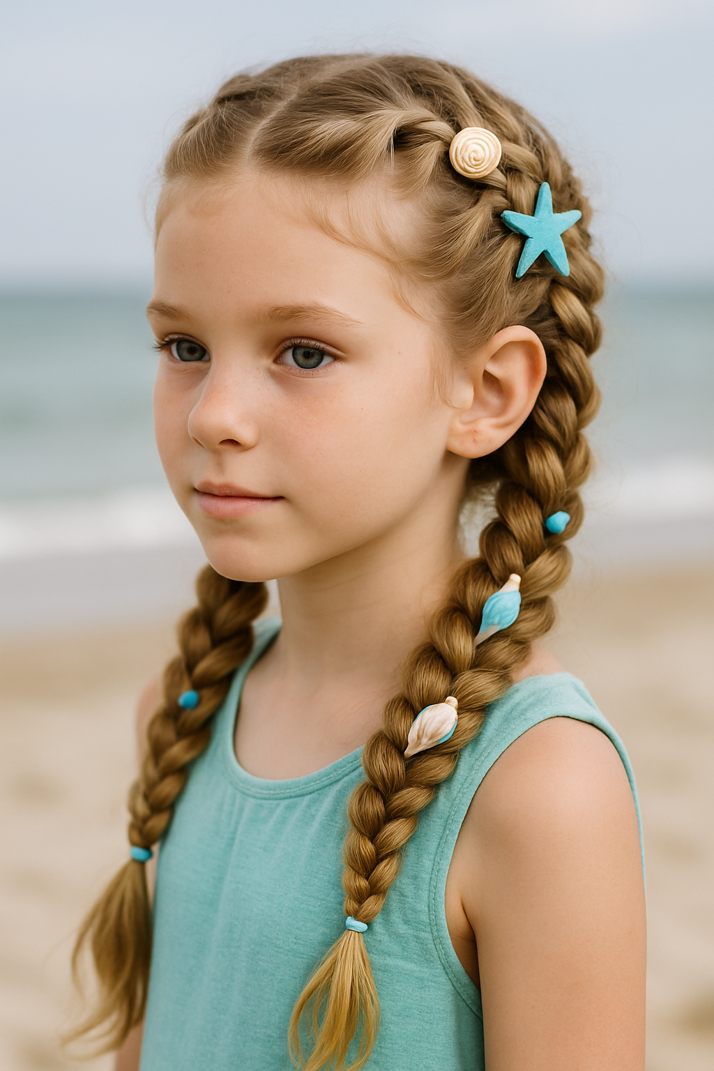 A young girl with mermaid-inspired braids decorated with seashell and starfish accessories.