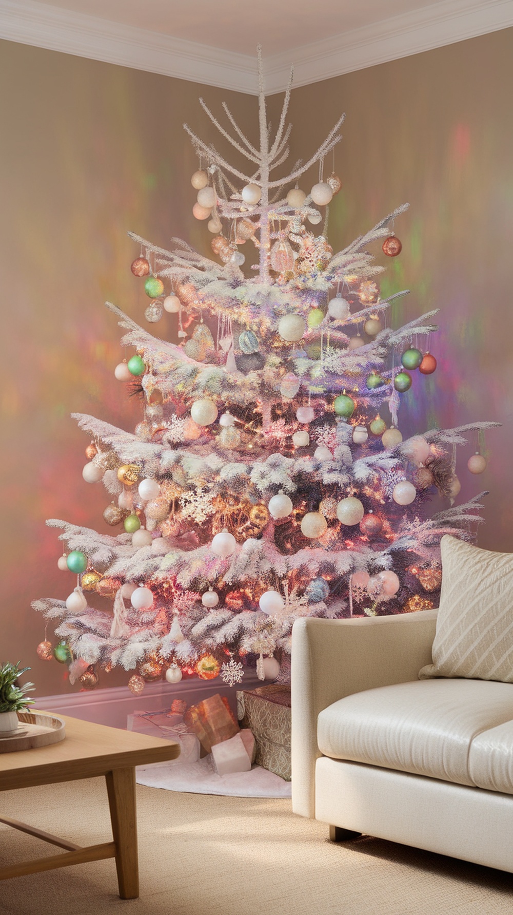 A beautifully decorated white Christmas tree with colorful ornaments and lights, set in a cozy living room.