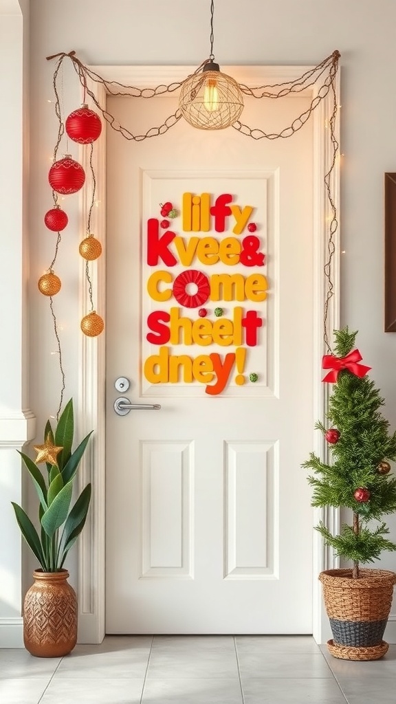 A decorated door with colorful letters, lanterns, and a small Christmas tree.