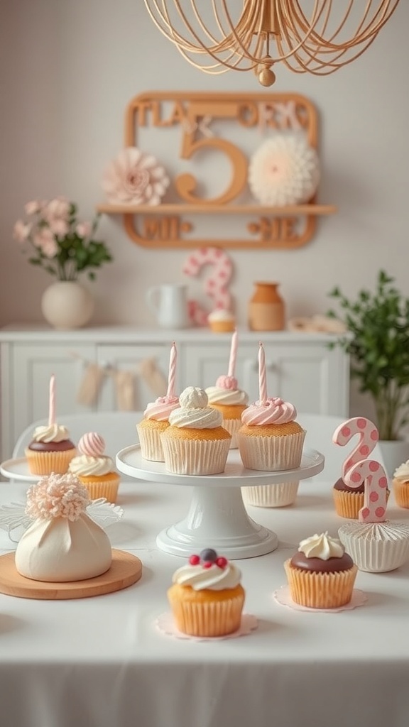 Mesa de dulces colorida con cupcakes decorados y un dulce grande, rodeada de flores y elementos decorativos.