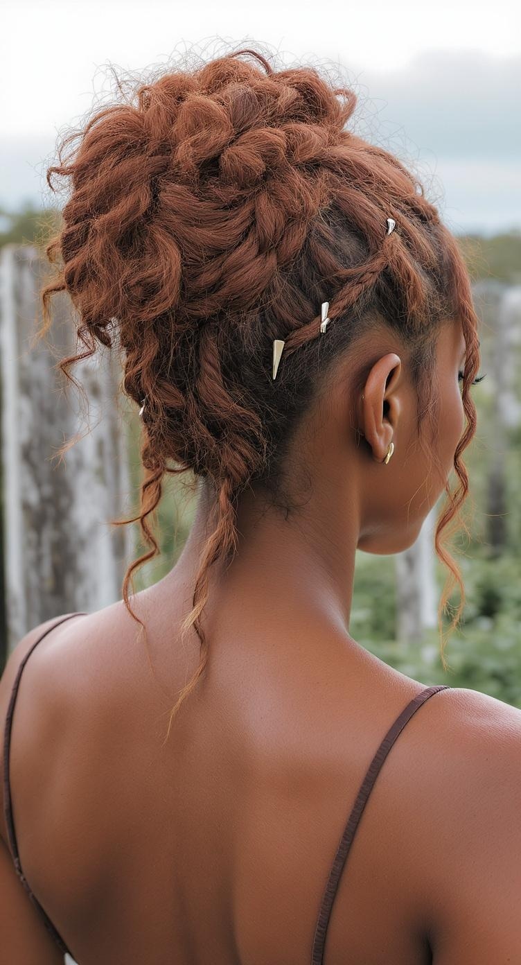 A close-up of a messy braid updo hairstyle with hairpins, showcasing a high bun and loose strands.
