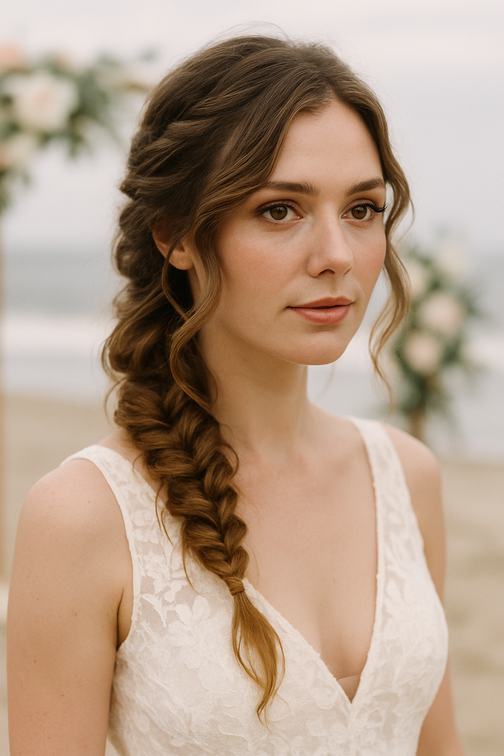 A bride with a messy braid and soft waves, wearing a lace wedding dress.