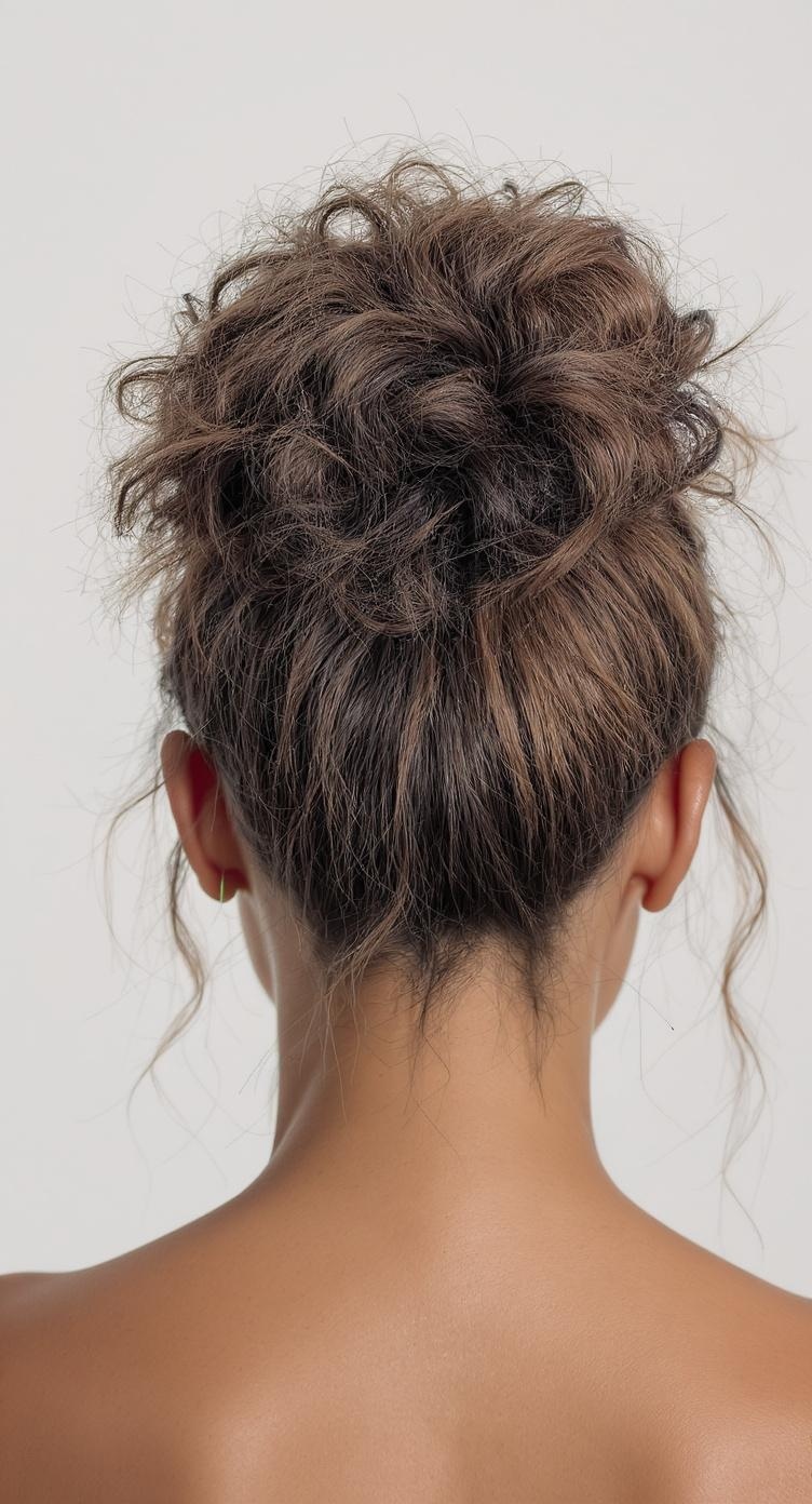 A messy bun hairstyle for curly hair, showcasing texture and volume.