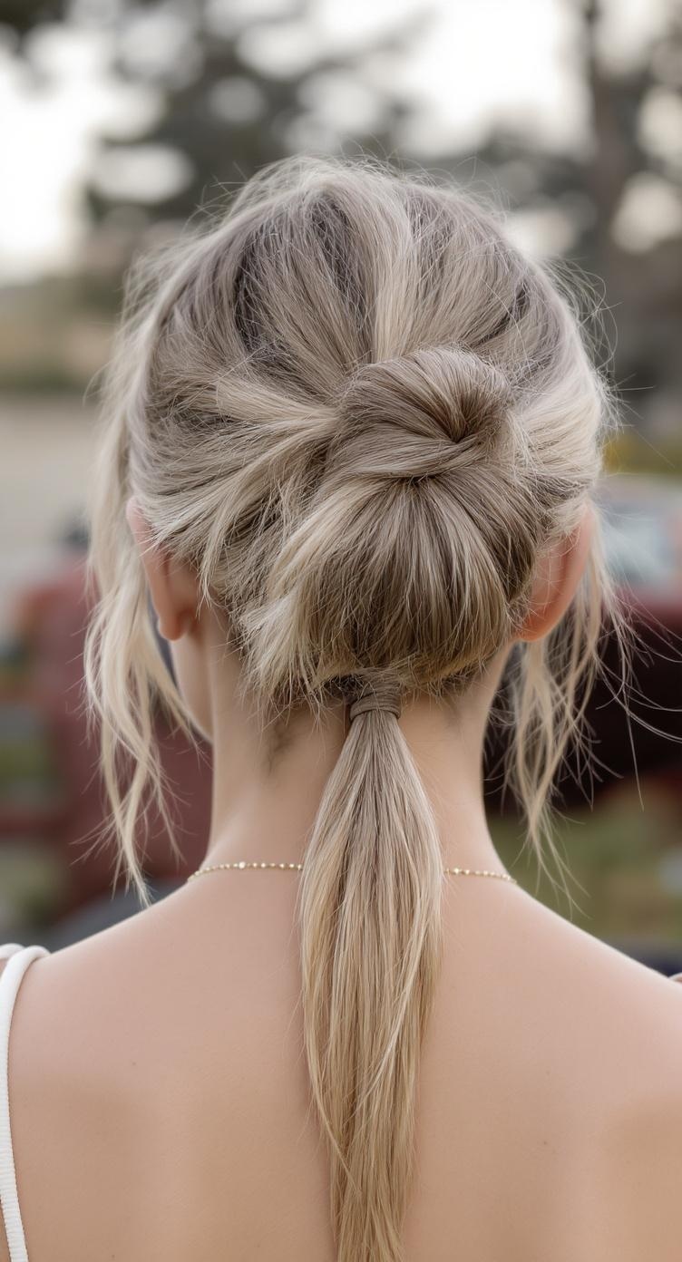A messy bun ponytail hybrid hairstyle, featuring a loose bun with a ponytail at the back.