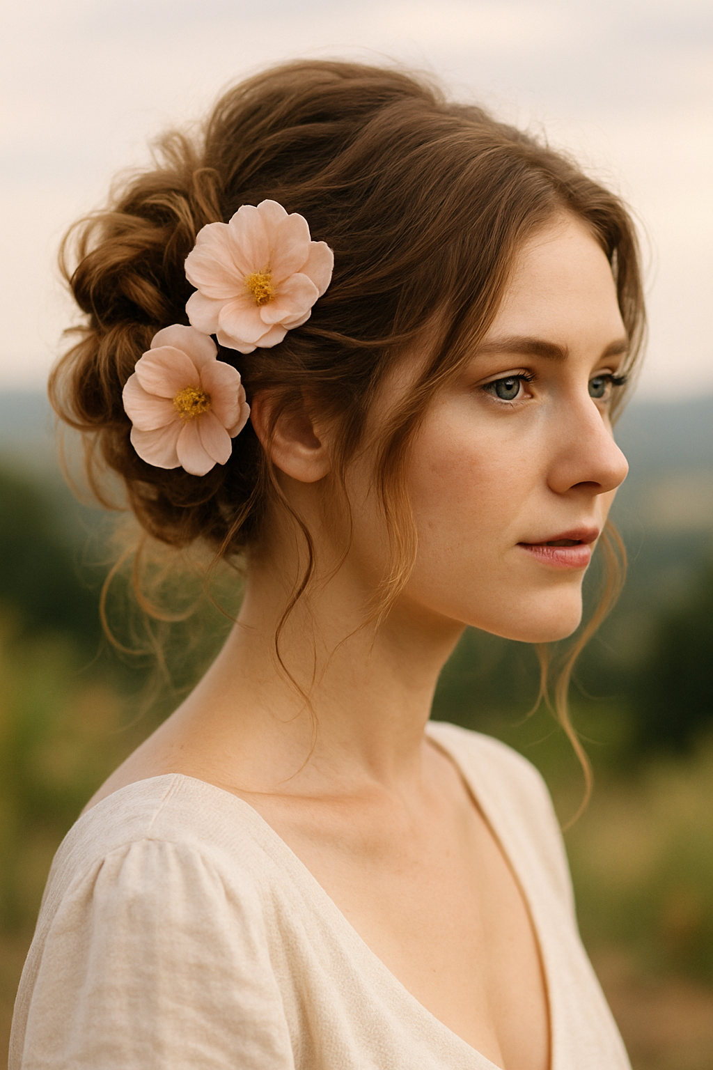 A woman with a messy bun hairstyle decorated with soft pink flowers, showcasing a romantic look.