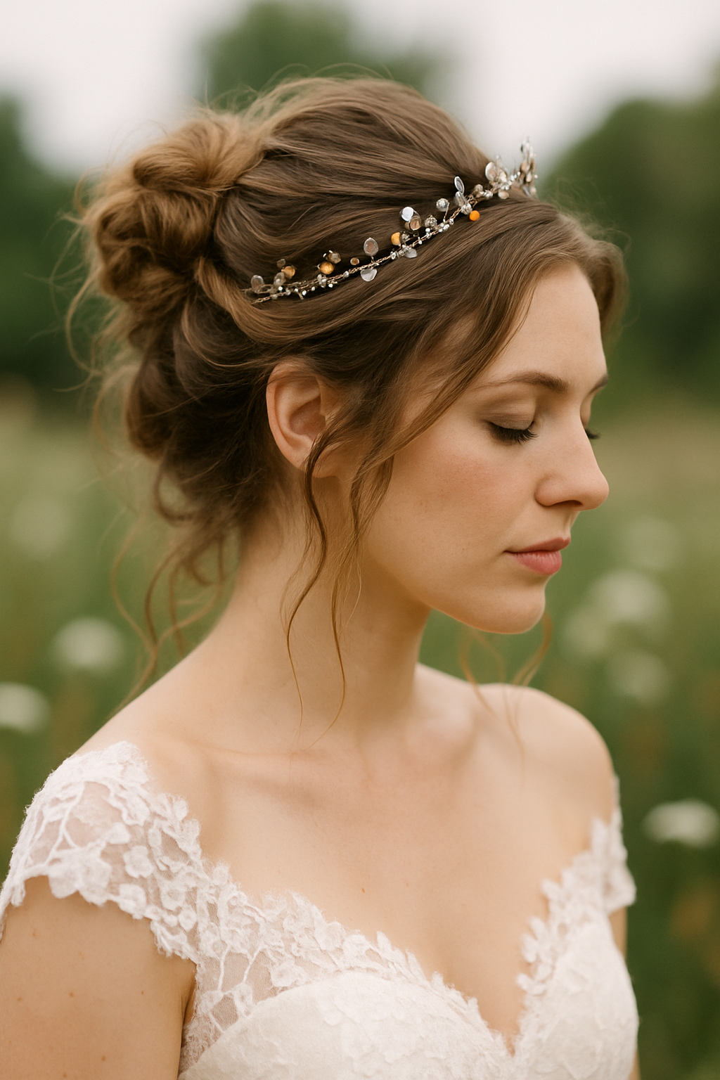 Bride with a messy bun hairstyle and a bohemian tiara, wearing a lace wedding dress.