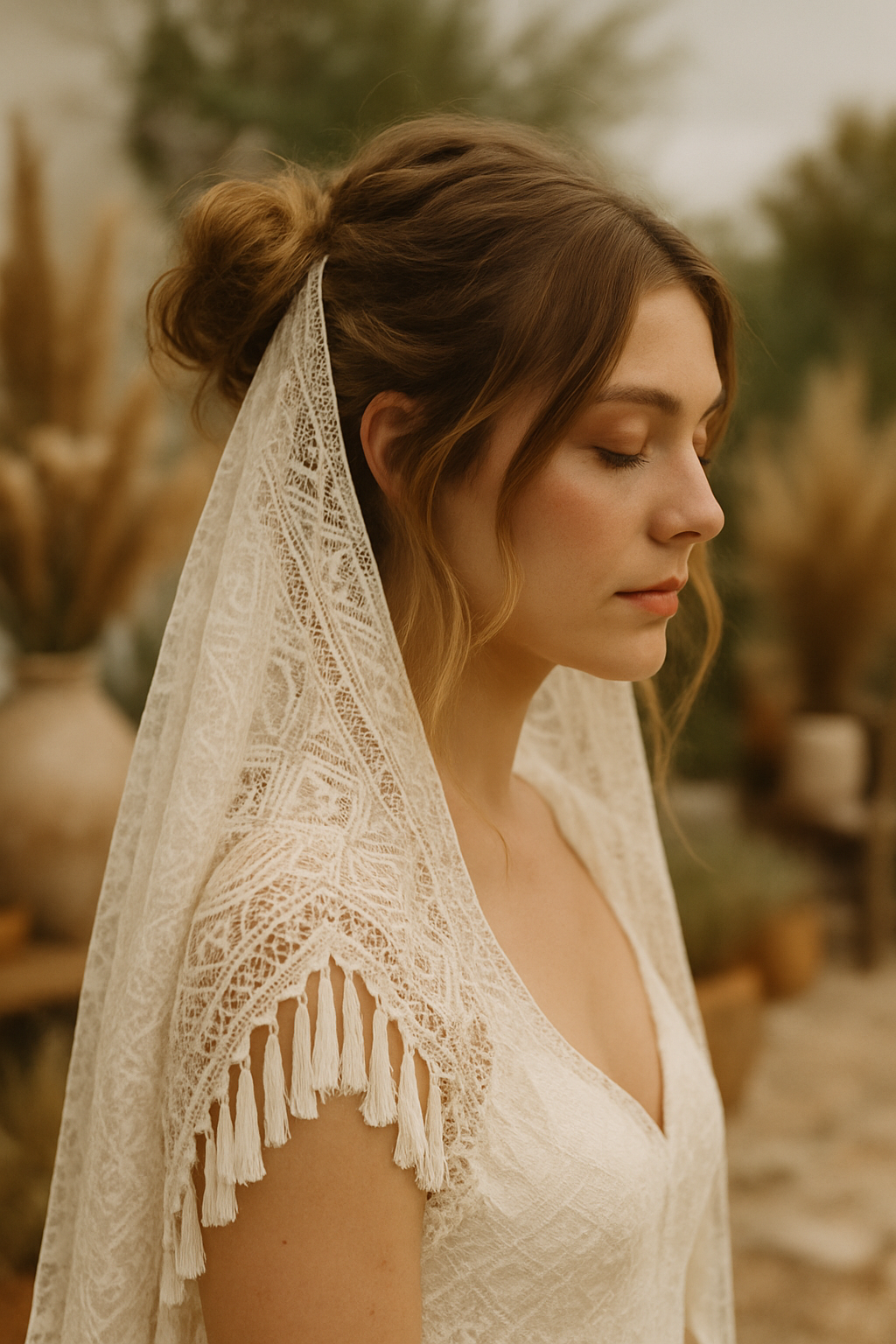 Bride with a messy bun hairstyle and a bohemian veil, featuring lace and fringe details.