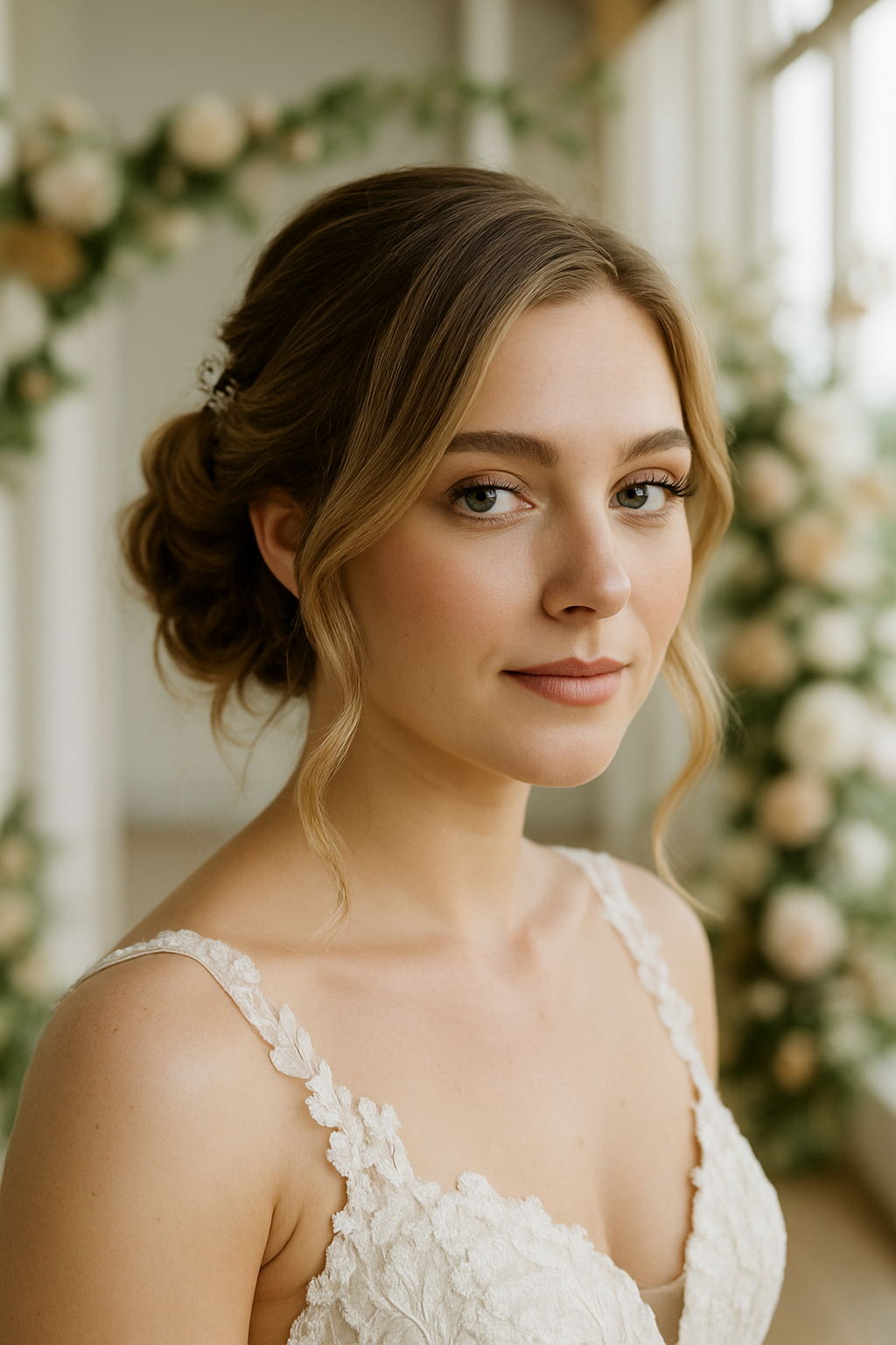 A bride with a messy bun hairstyle featuring braided accents, showcasing a soft and elegant look.