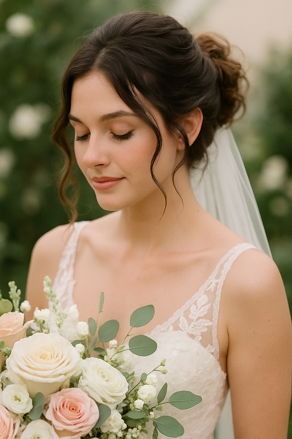 Bride with a messy bun and cascading tendrils, holding a bouquet of roses.