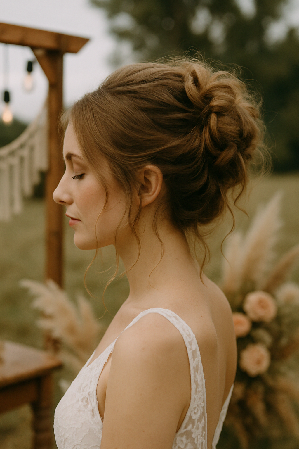 A bride with a messy bun hairstyle featuring cascading tendrils, showcasing a romantic and elegant look.
