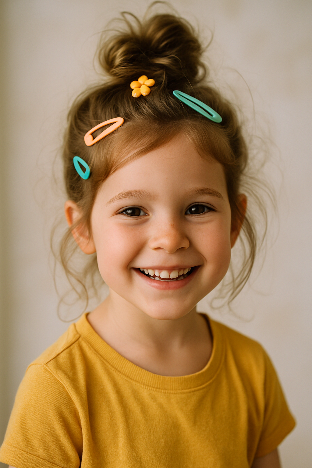 A young girl smiling with a messy bun hairstyle adorned with colorful clips.