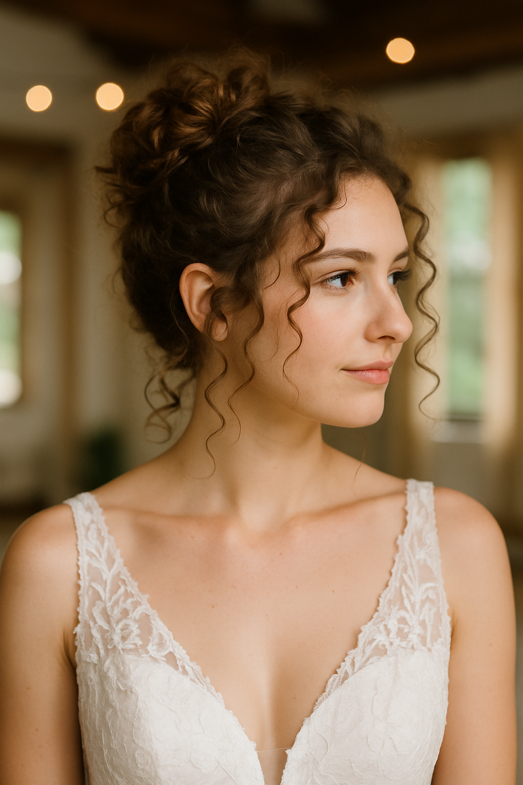Bride with a messy bun hairstyle featuring curly strands, wearing a lace wedding dress.
