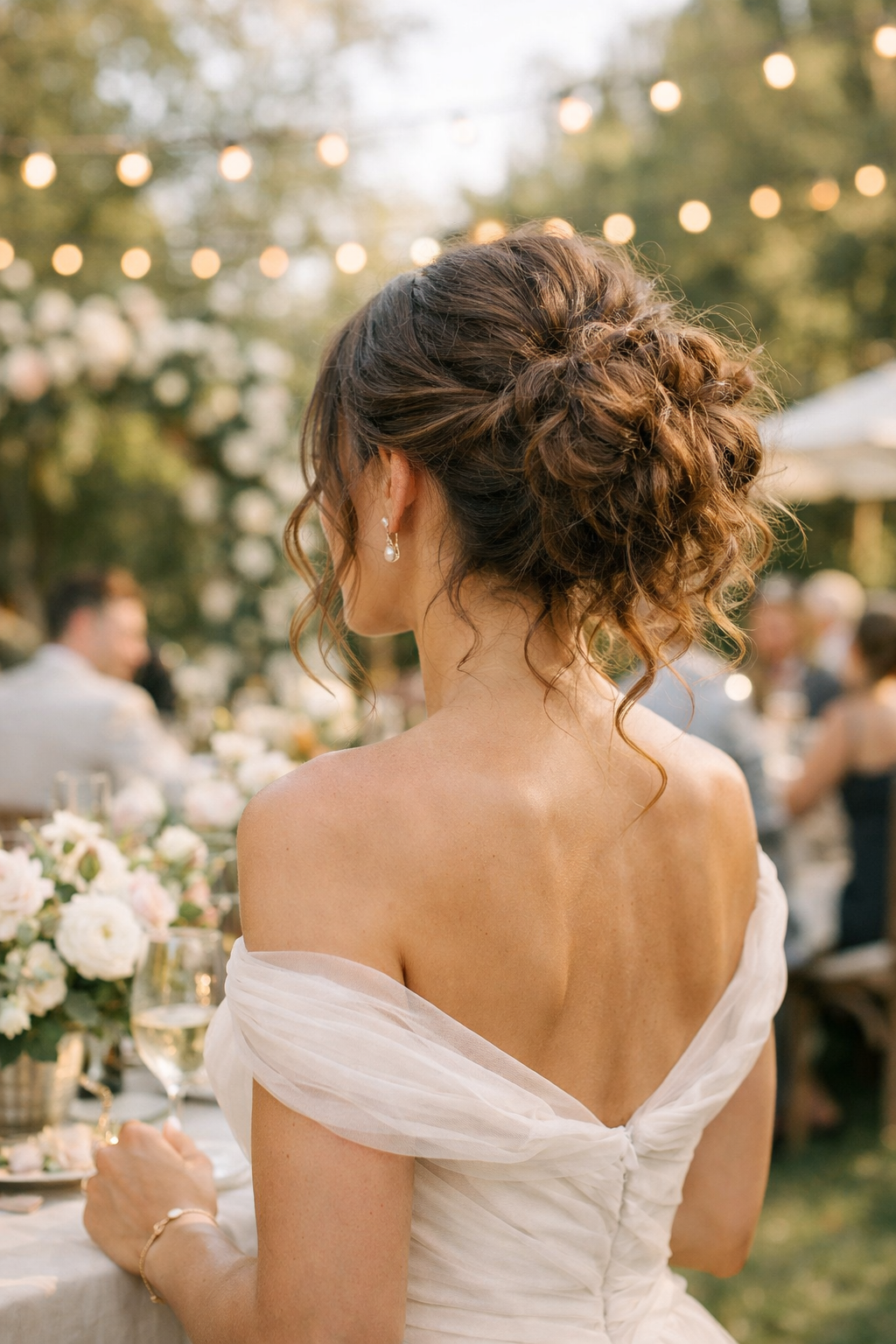 A woman with a messy bun and curly strands, dressed in an elegant off-shoulder wedding outfit, with a backdrop of floral arrangements and twinkling lights.