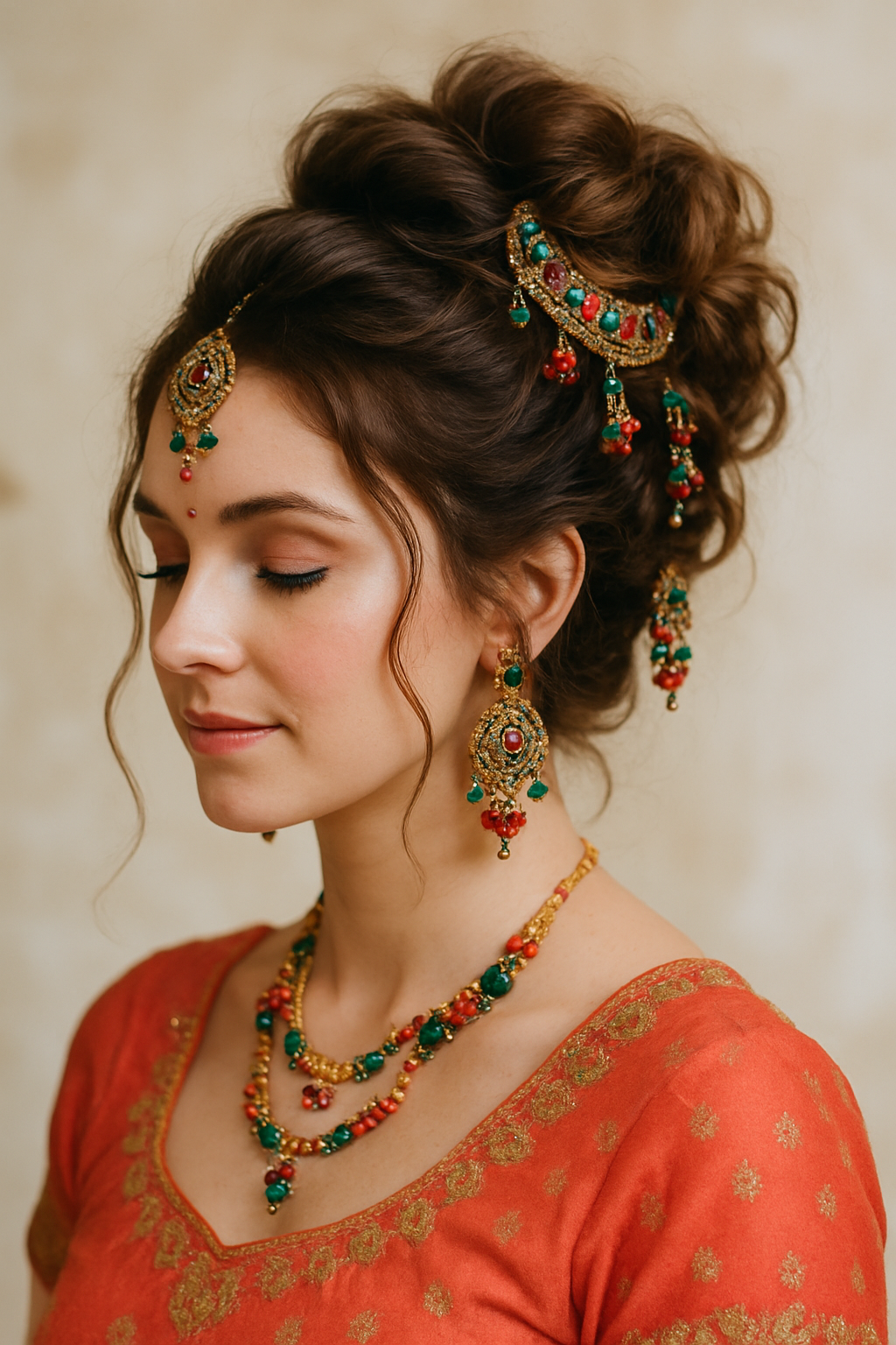 A woman with a messy bun hairstyle adorned with ethnic jewelry, showcasing a traditional Indian wedding look.