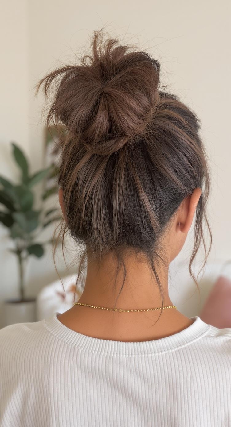 A woman with a messy bun hairstyle, featuring loose strands framing her face, wearing a white top.
