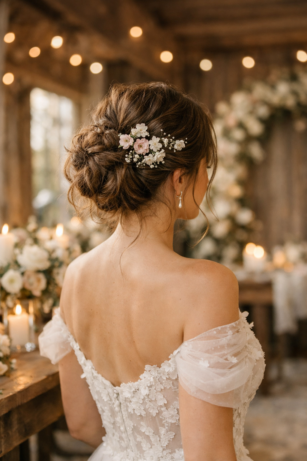 A woman with a messy bun adorned with floral accents, showcasing a relaxed yet elegant wedding guest hairstyle.