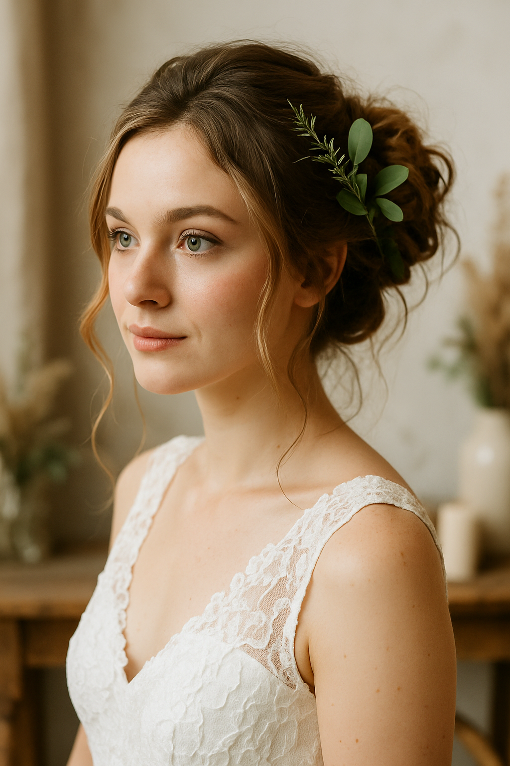 Bride with a messy bun hairstyle adorned with greenery accents