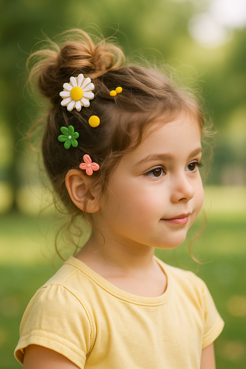 A young girl with a messy bun hairstyle decorated with colorful hair accessories.
