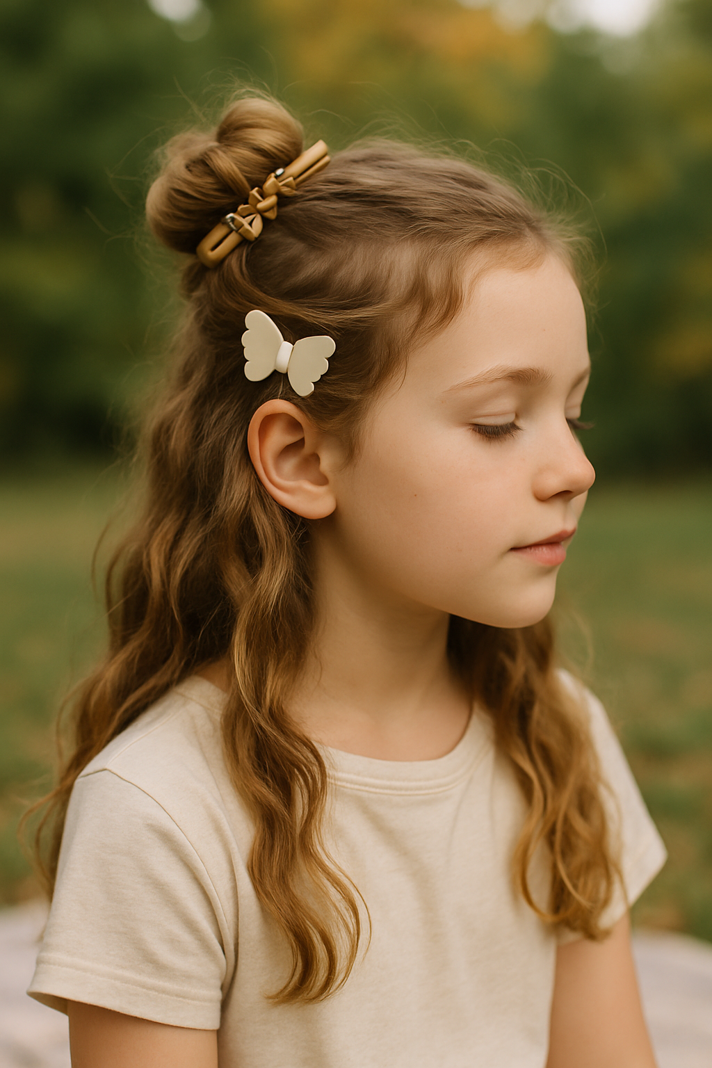 A girl with a messy bun hairstyle adorned with hair clips, showcasing a playful and stylish look.