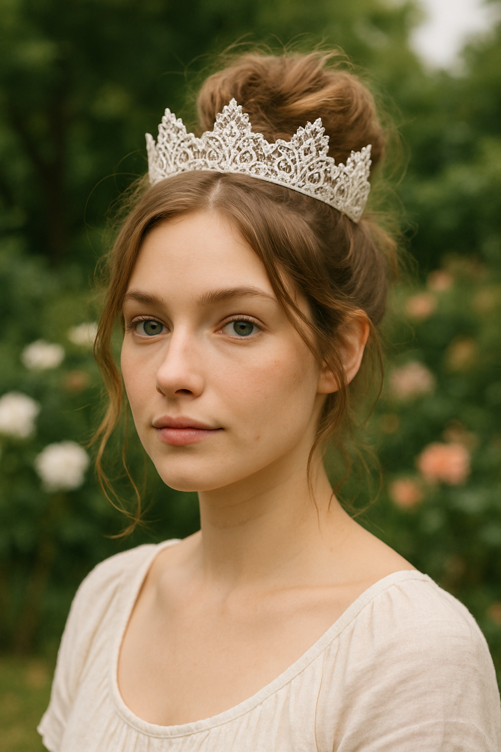 A woman with a messy bun hairstyle adorned with a lace crown, set against a backdrop of greenery.