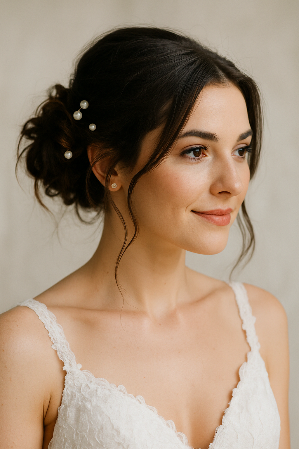 Bride with a messy bun hairstyle adorned with pearl hairpins