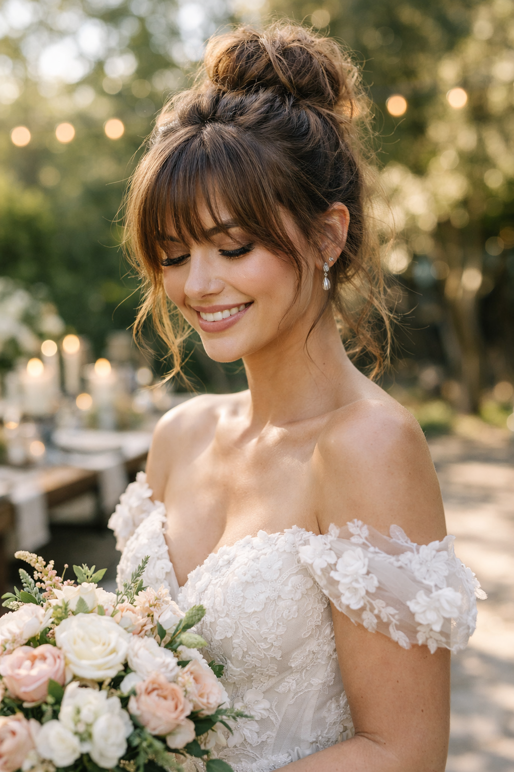 A woman with a messy bun and playful bangs, dressed in a bridal gown, holding a bouquet of flowers.
