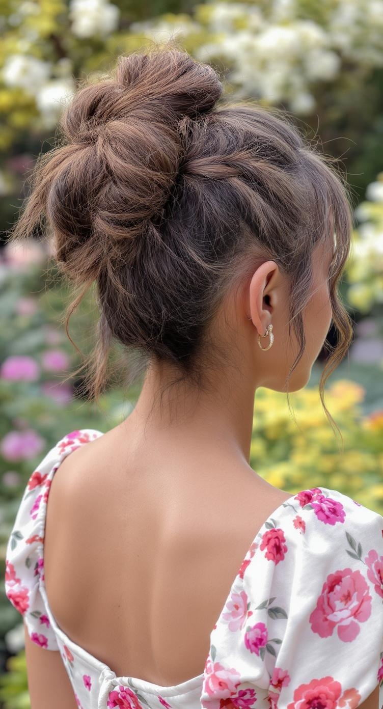 A woman with a messy bun and a side braid, wearing a floral dress, in a garden setting.
