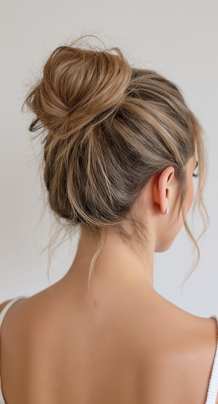 A medium-length messy bun hairstyle with soft tendrils framing the face.