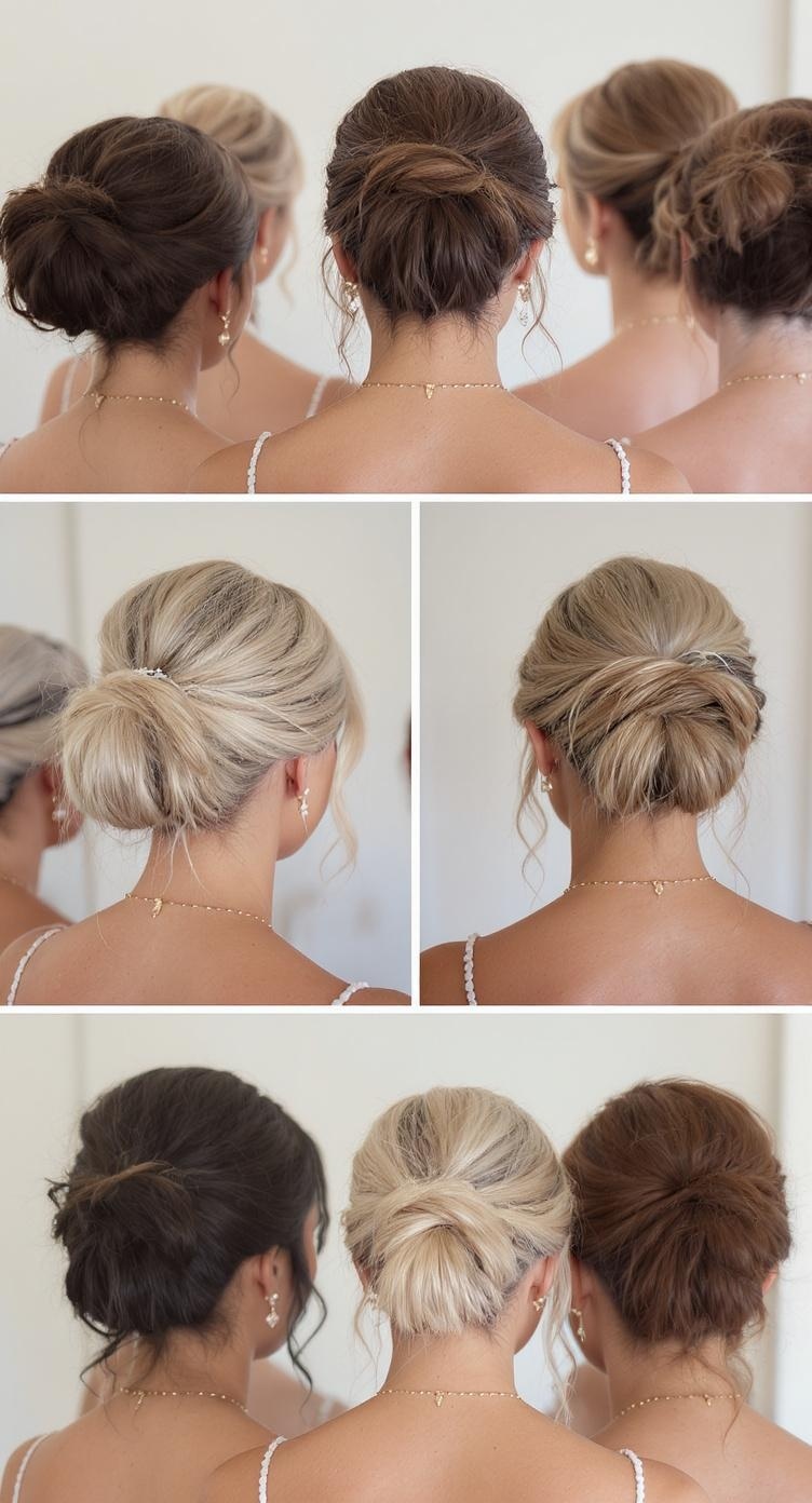 Bridesmaids with different messy bun hairstyles, showcasing various styles for different face shapes.