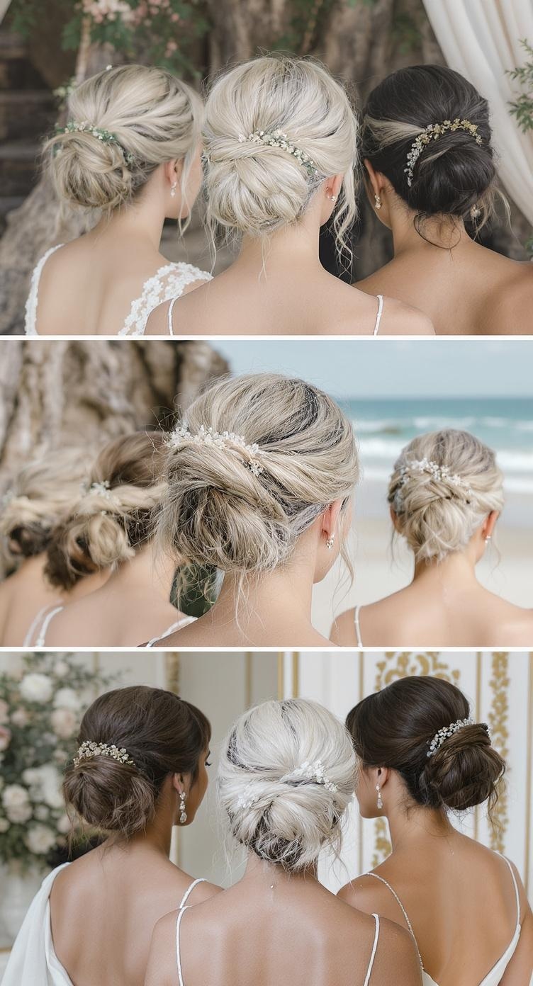 Bridesmaids with messy buns, showcasing different styles and accessories for various wedding themes.