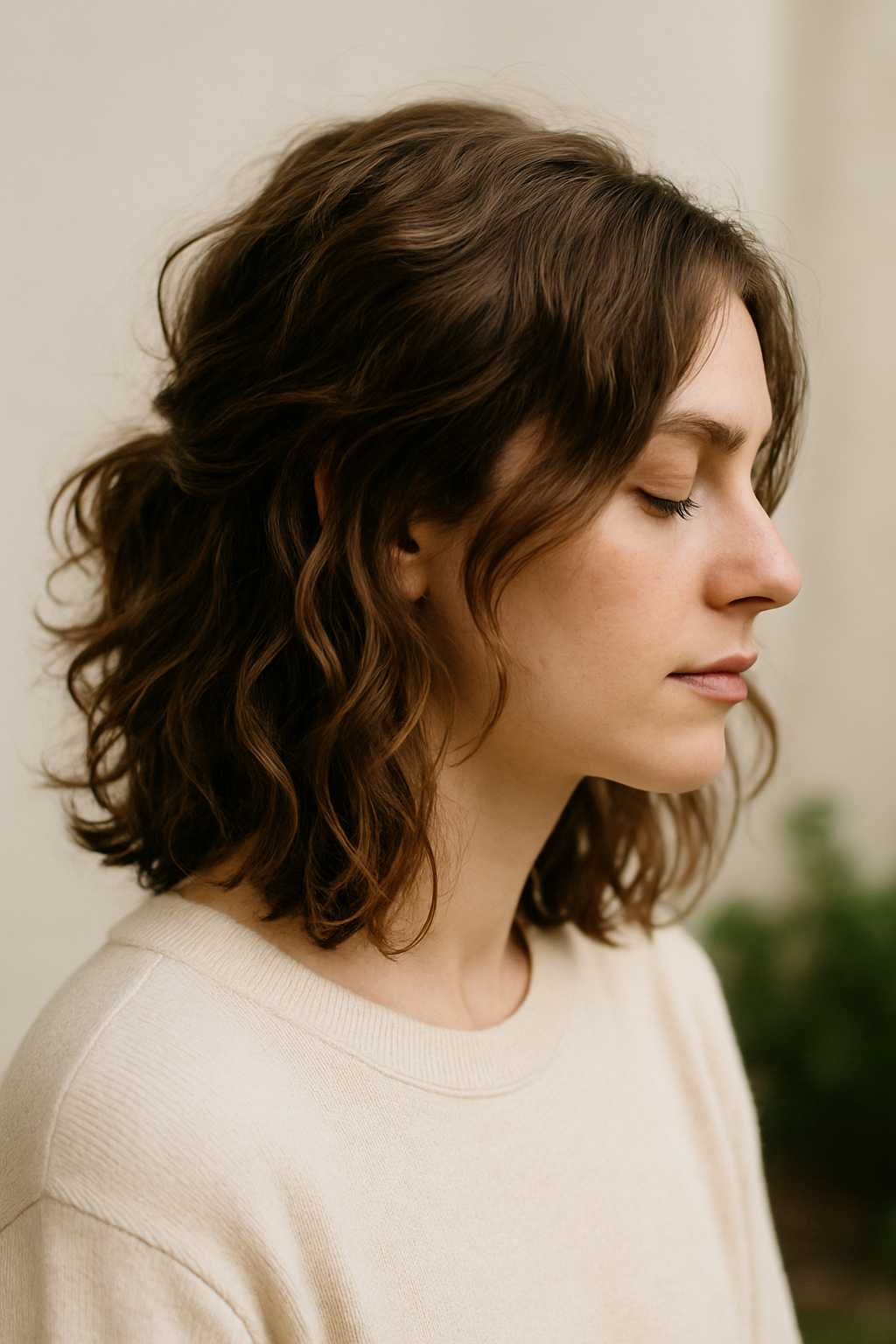 A woman with curly hair styled in a messy bun, showcasing a relaxed and casual look.