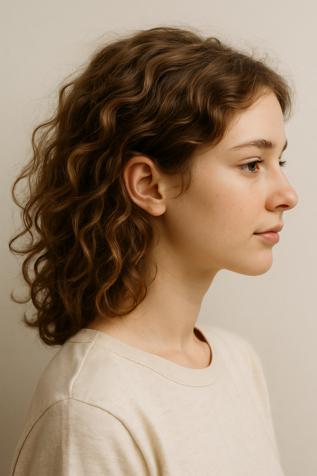 A young person with curly hair styled in a messy look, showcasing a carefree and playful hairstyle.