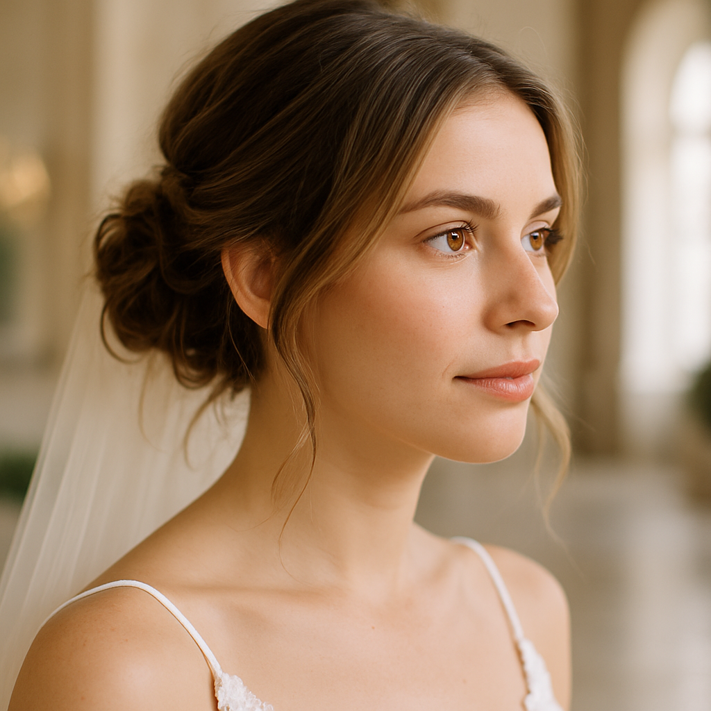 A bride's maid with a messy low bun hairstyle and a delicate veil, showcasing a soft and romantic look.