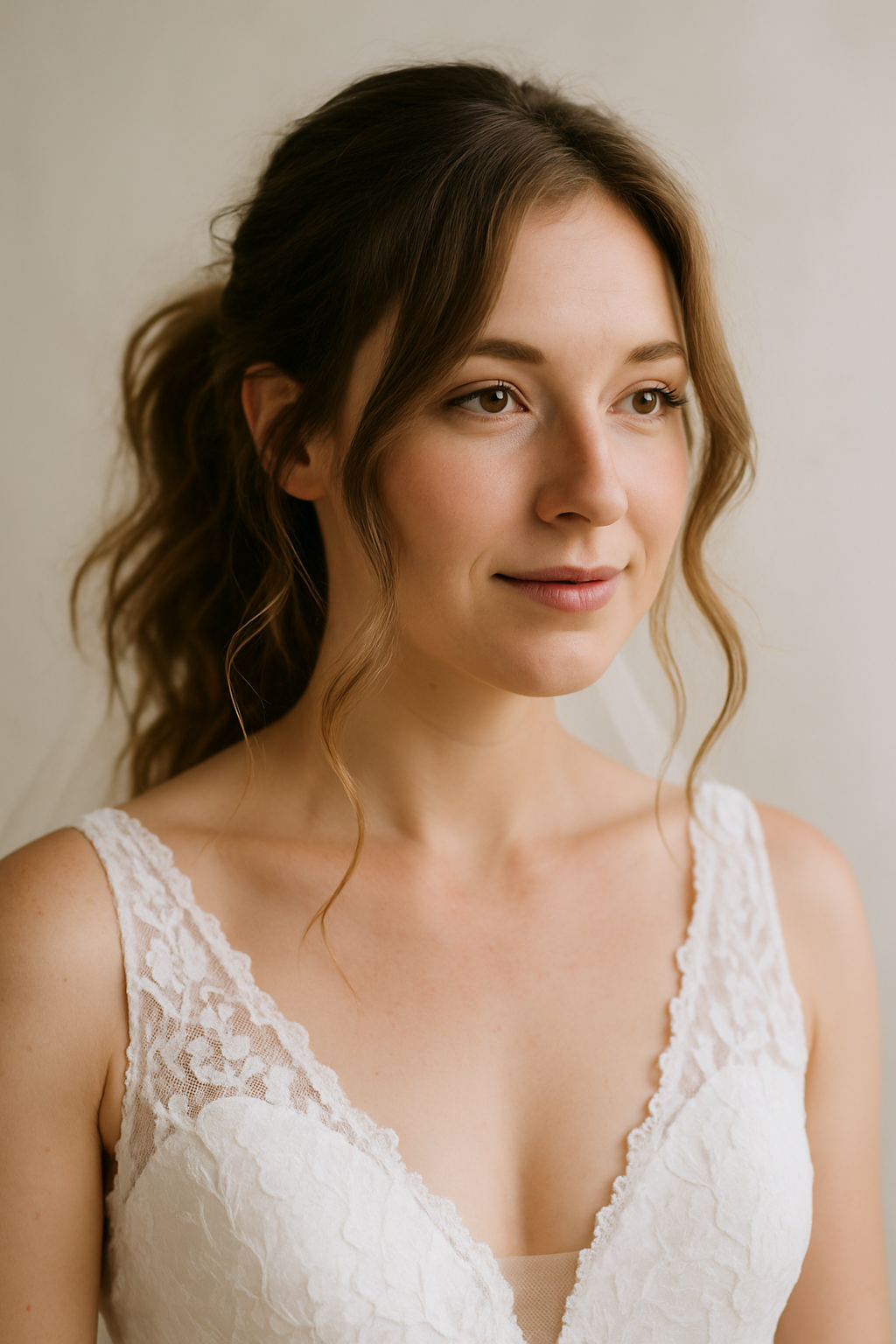 A bride with a messy ponytail hairstyle featuring soft face-framing strands, wearing a lace wedding dress.