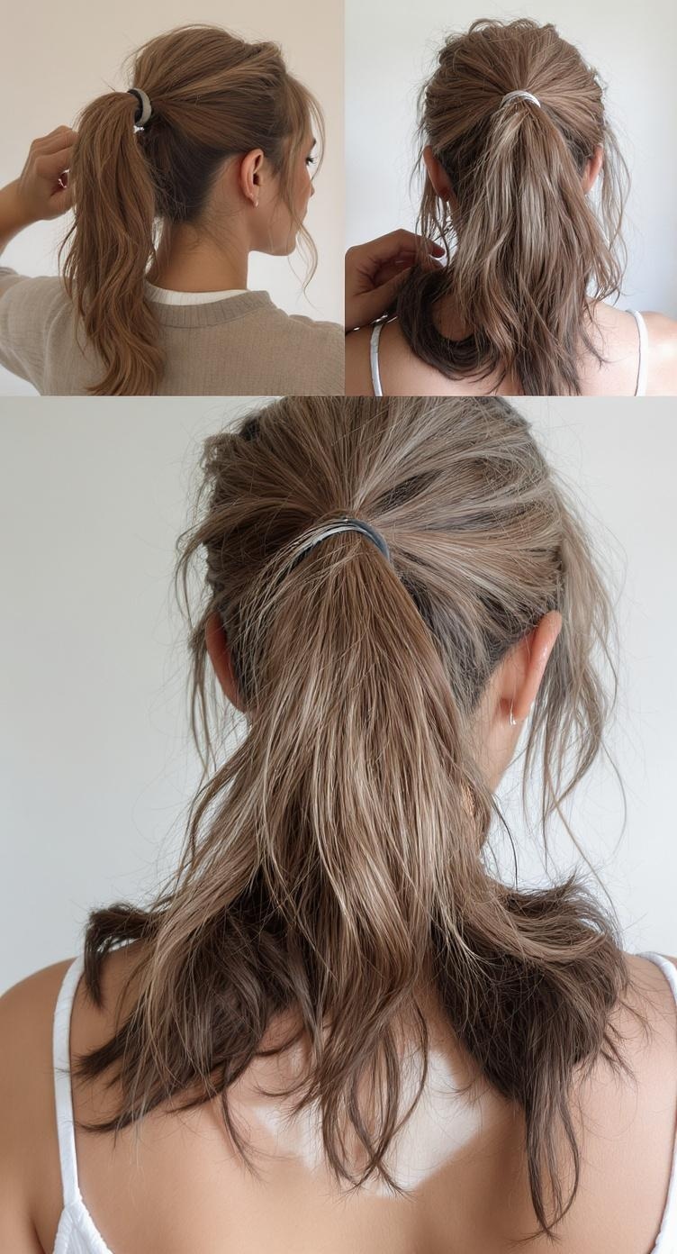 A messy ponytail hairstyle with textured volume, suitable for a wedding bridesmaid.