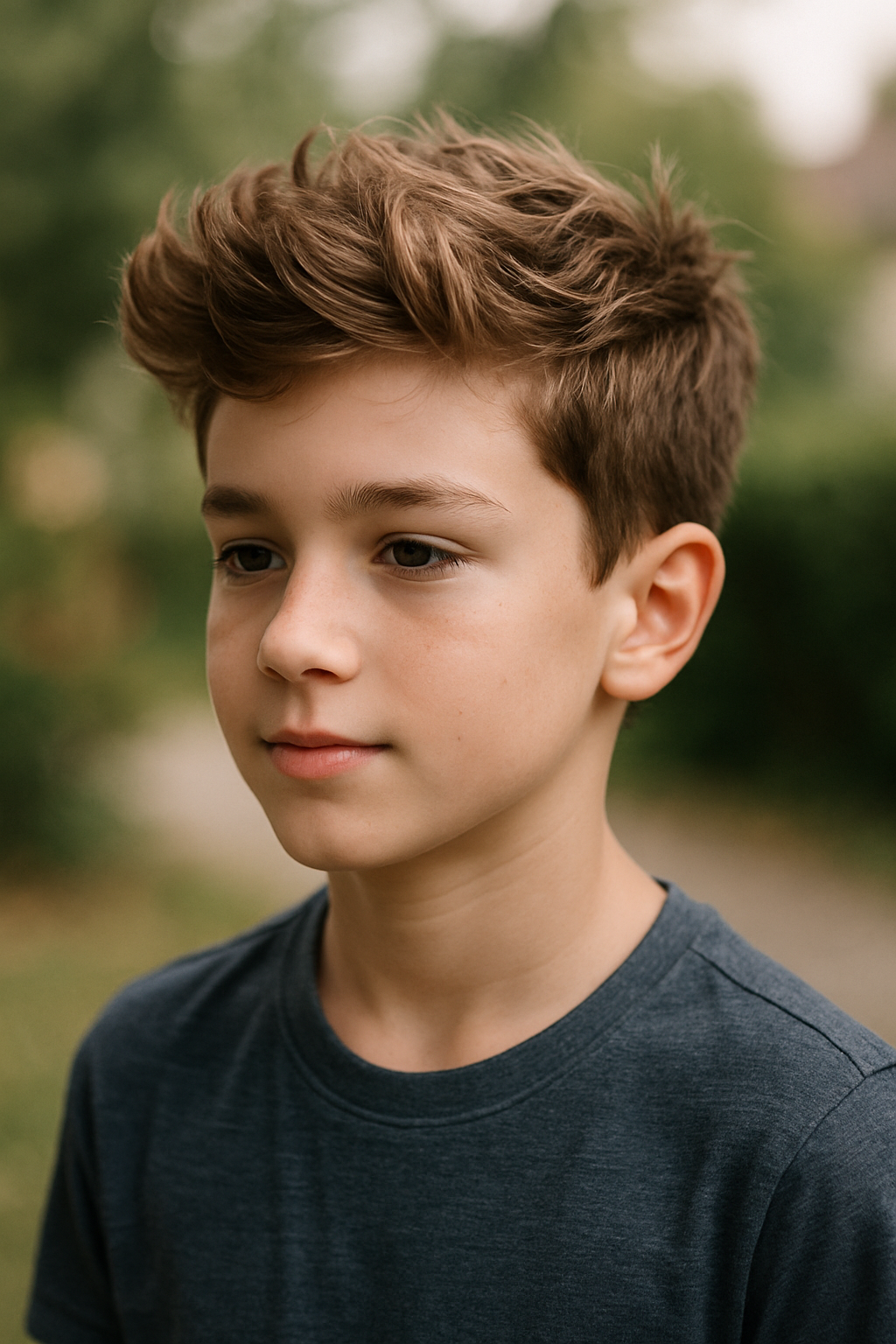 A boy with messy spiked hairstyle, looking casual and stylish.